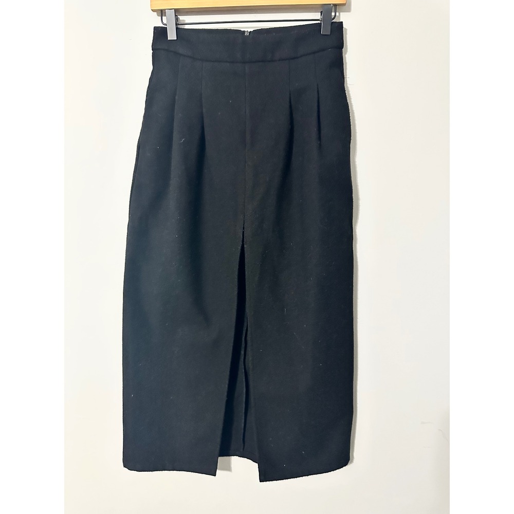 COMMENSE Black Wool Feel Pleated Front Midi Skirt Size S High Waist‎ Slit